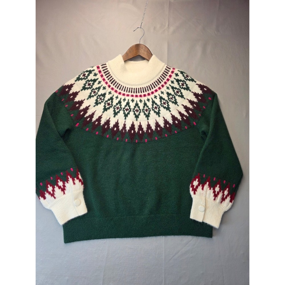 Lands End Fair Isle Mock Neck Sweater Green Pink 1X 554923